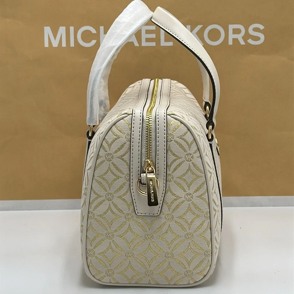 MICHAEL KORS JST TRAVEL MEDIUM DUFFLE SATCHEL SHOULDER CROSSBODY BAG Pale Gold